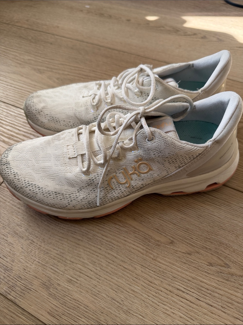 Ryka White Knit Lace-Up Women's Walking Sneakers with Subtle Gold Logo